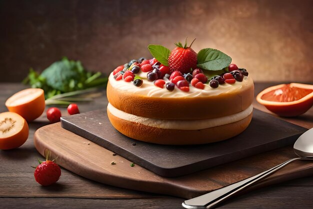 Un gâteau aux baies est posé sur une planche de bois.