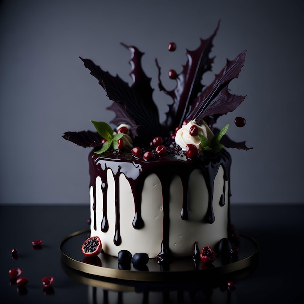 Un gâteau aux baies et un fond noir