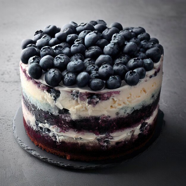 Un gâteau aux bleuets sur fond gris