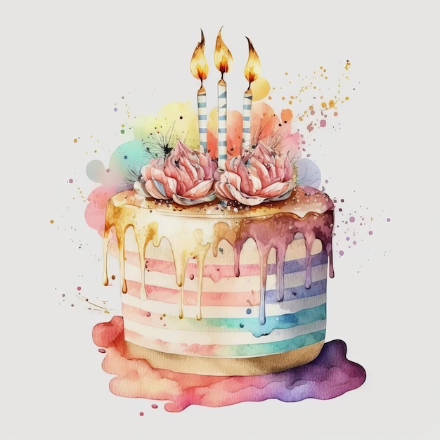 Gâteau aux bougies dessin peint fond gris Generative AI