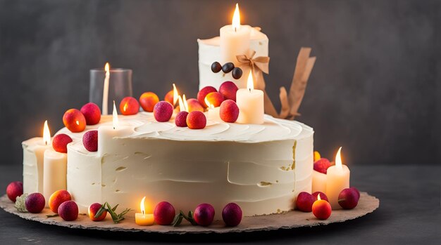 Un gâteau aux canneberges dessus et une bougie sur la table