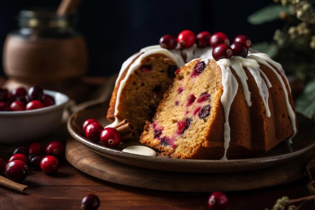 Un gâteau aux canneberges avec une tranche découpée.