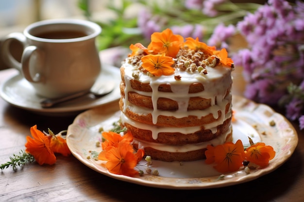 Un gâteau aux carottes disposé avec des serviettes décoratives pour une présentation artistique