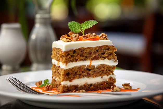 Un gâteau aux carottes exposé sur un chariot de desserts lors d'une fête dans le jardin