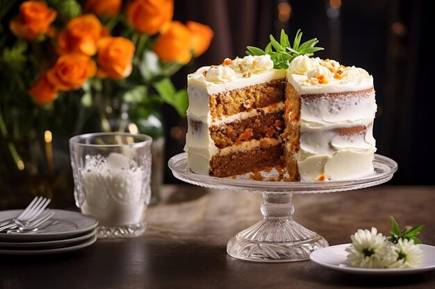 Un gâteau aux carottes exposé sur un chariot de desserts lors d'une fête dans le jardin