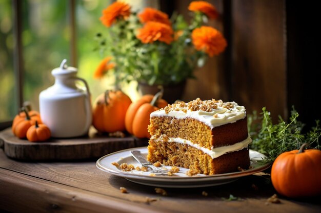 Un gâteau aux carottes exposé sur un chariot de desserts lors d'une fête dans le jardin