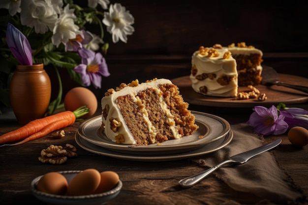 Un gâteau aux carottes avec une tranche découpée