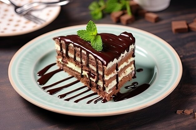 Gâteau aux crêpes au chocolat fait maison orné de chocolat et de menthe sur une assiette