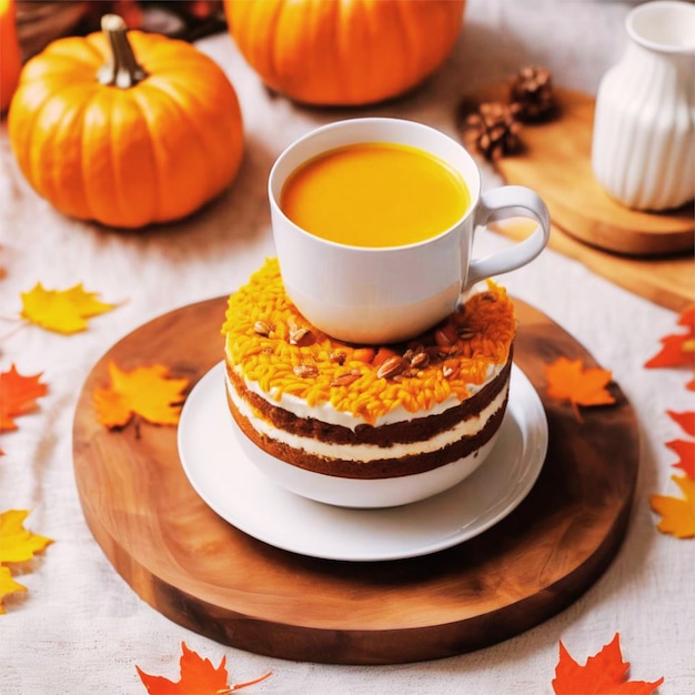 Gâteau aux épices à la citrouille avec café et citrouilles sur une table en bois