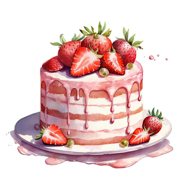 Gâteau aux fraises aquarelle Illustration AI GenerativexA