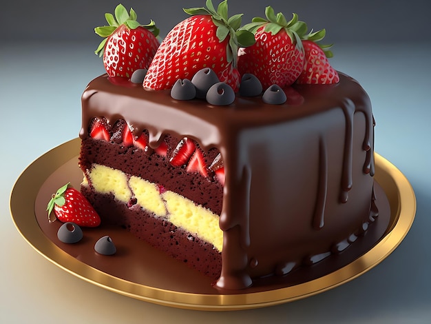 Gâteau aux fraises au citron et au chocolat réaliste de rendu 3D