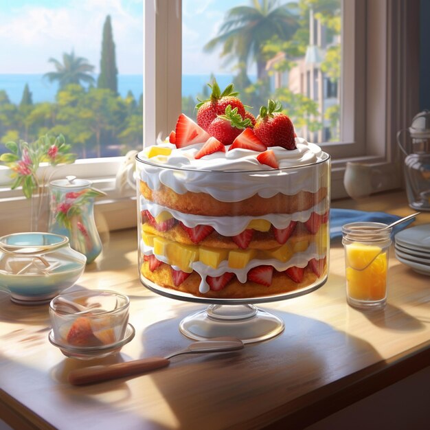 Un gâteau aux fraises et à la crème est sur une table à côté d’une fenêtre.