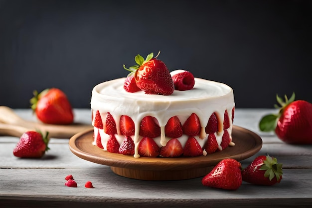 Un gâteau aux fraises avec de la crème et des fraises sur le dessus