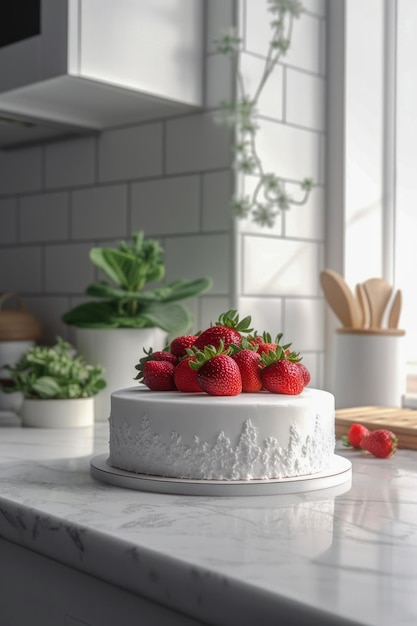 Gâteau aux fraises avec crème à la vanille blanche AI generative