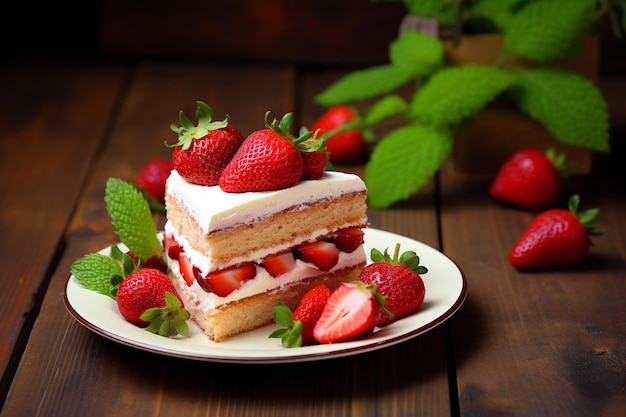 Un gâteau aux fraises dans une assiette sur une table en bois