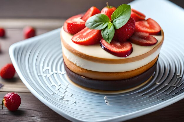 Un gâteau aux fraises dessus sur une assiette