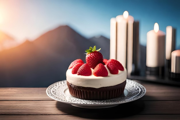 Un gâteau aux fraises est posé sur une table.