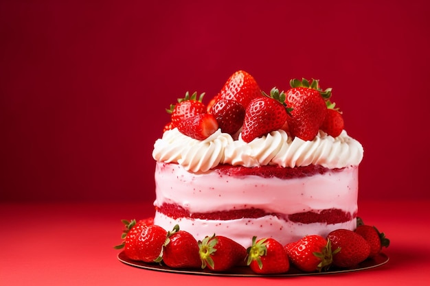 Photo un gâteau aux fraises sur fond rouge