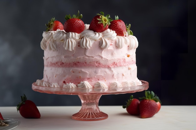 Un gâteau aux fraises avec des fraises fraîches sur le dessus