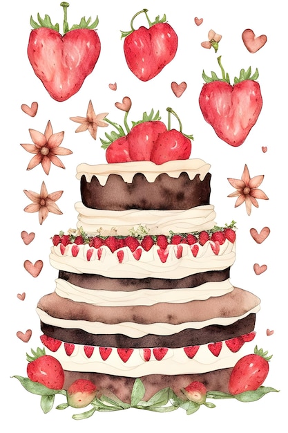 Gâteau aux fraises illustration couleur AI générative