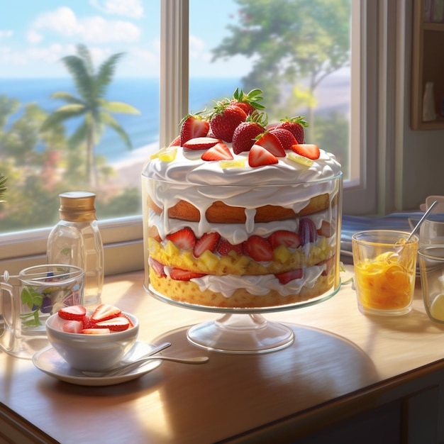 Un gâteau aux fraises et une tasse de limonade sur une table.