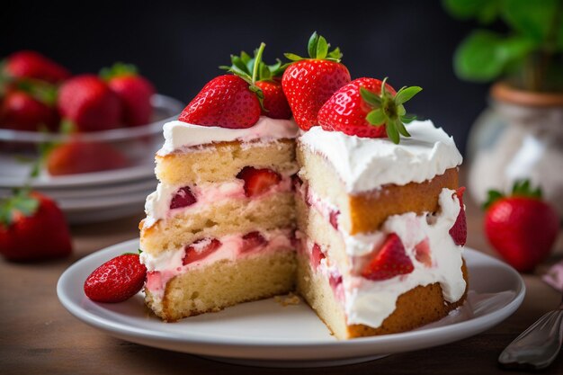 Photo un gâteau aux fraises avec une tranche servi au thé de la fête des mères