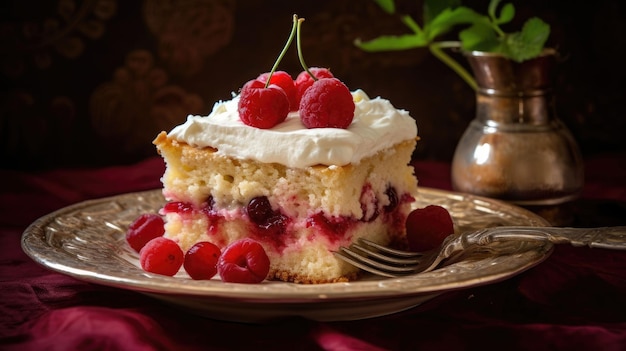 Gâteau aux framboises et cerises sur fond sombre