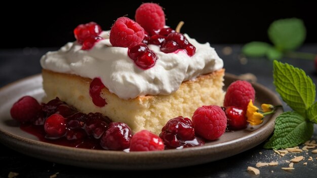 Un gâteau aux framboises et à la crème dessus