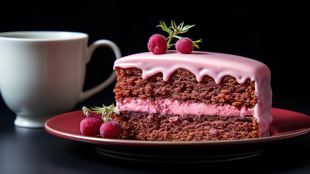 Un gâteau aux framboises dessus et une tasse de café.