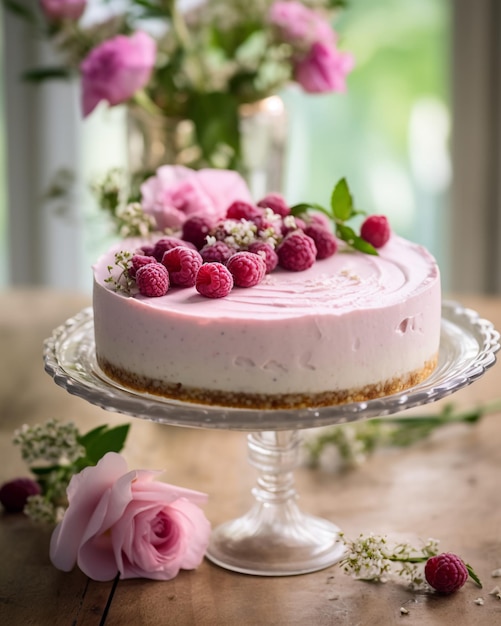 Un gâteau aux framboises dessus