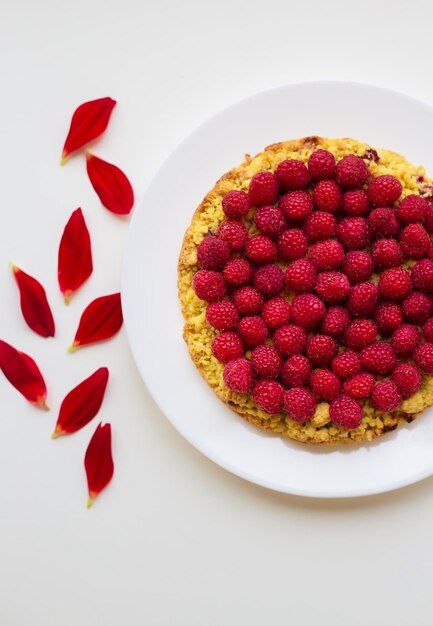 Gâteau aux framboises lumineux sur une assiette