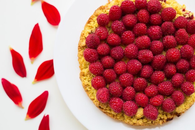 Gâteau aux framboises lumineux sur une assiette