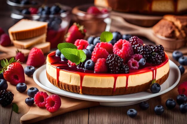 Un gâteau aux framboises et myrtilles sur une assiette