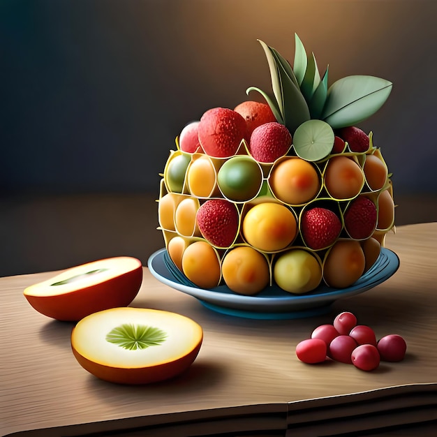 un gâteau aux fruits avec un ananas sur le dessus.