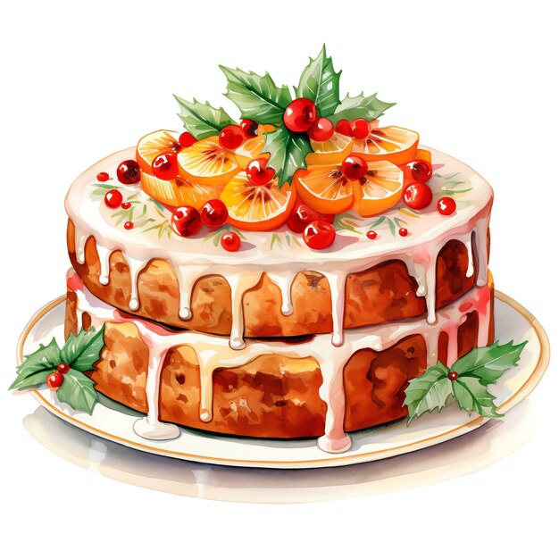 Gâteau aux fruits aquarelle hiver