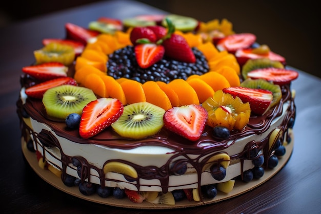 Un gâteau aux fruits au dessert avec du chocolat.