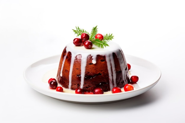 Gâteau aux fruits au pudding de Noël avec fond de décoration de Noël isolé sur fond blanc.Dessert festif traditionnel