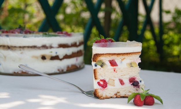 Gâteau aux fruits et baies en gelée sur fond blanc