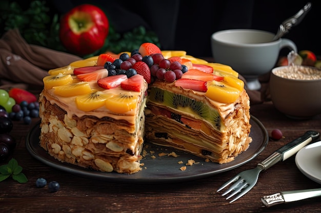 Gâteau aux fruits avec des couches de pâte et de fruits sur une assiette créée avec une IA générative