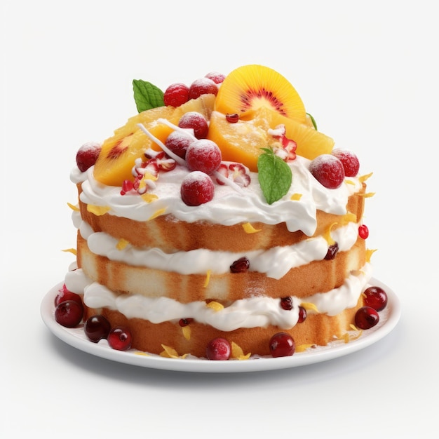 Photo gâteau aux fruits avec crème fouettée et fruits frais sur fond blanc