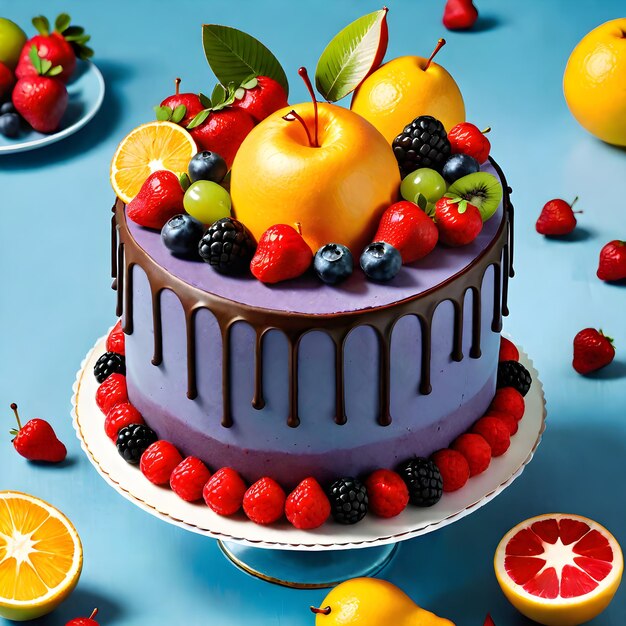 Un gâteau aux fruits décoré de baies fraîches et de fruits sur fond bleu