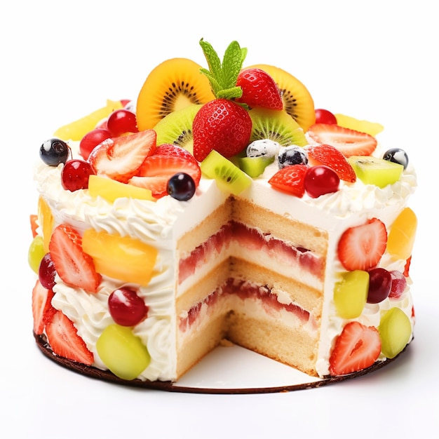 Gâteau aux fruits doux et colorés avec une variété de fruits sur un fond blanc isolé
