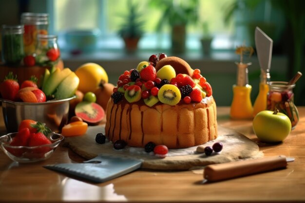 Photo gâteau aux fruits fantastique dans la table de la cuisine publicité professionnelle photographie alimentaire