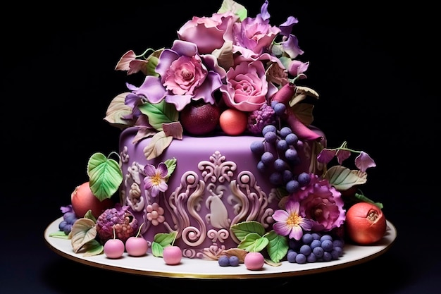 Photo gâteau aux fruits sur fond noir ai générée