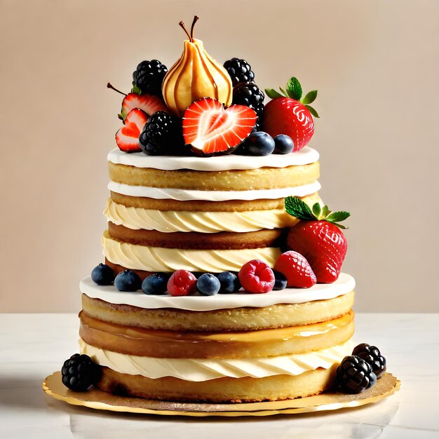 Un gâteau aux fruits avec des fraises, des bleuets, des mûres et des poires.