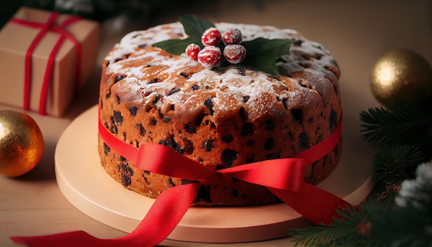 Gâteau aux fruits de Noël fait maison décoré de ribb rouge