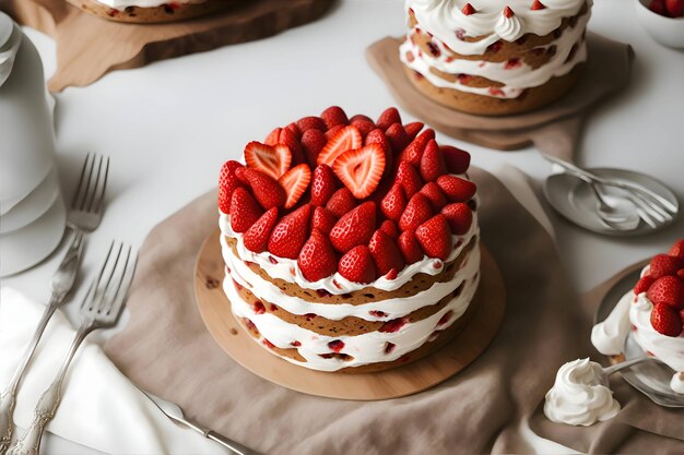 Un gâteau aux fruits rouges vue de face décoré de fraises rondes avec de la crème délicieuse anniversaire sucré