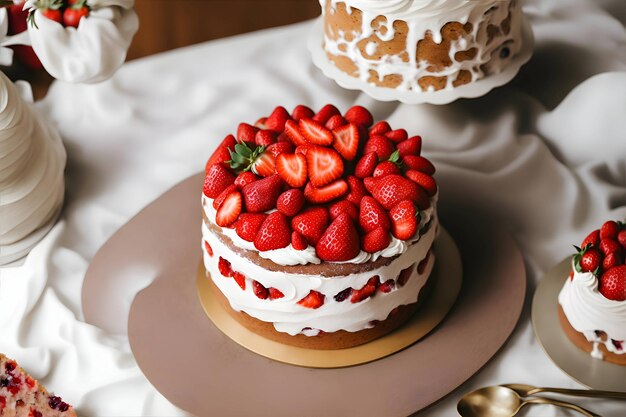 Un gâteau aux fruits rouges vue de face décoré de fraises rondes avec de la crème délicieuse anniversaire sucré