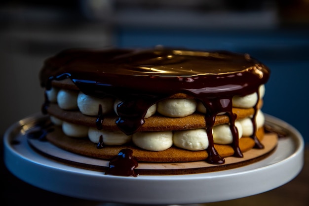 Un gâteau aux gâteaux au miel brun crème blanche et versé sur le dessus avec du chocolat noir qui coule le long de la...