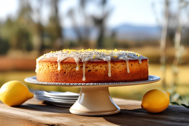 Un gâteau aux graines de citron et de pavot sur une table de pique-nique rustique